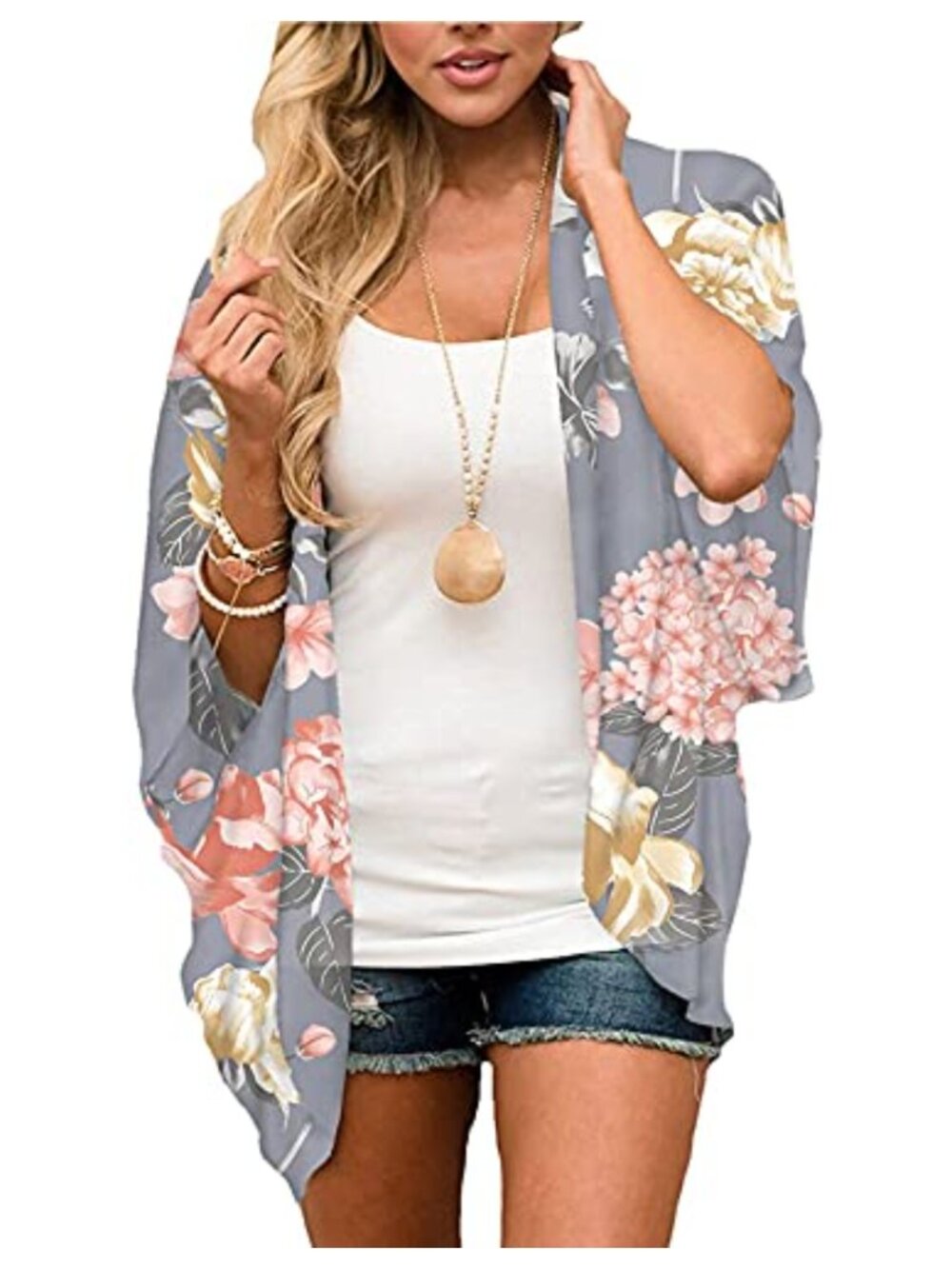 Chiffon Kimono Cardigan Floral Print Open Front Beach Coverup